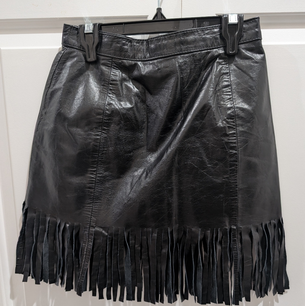 Vintage genuine leather black fringe mini skirt
